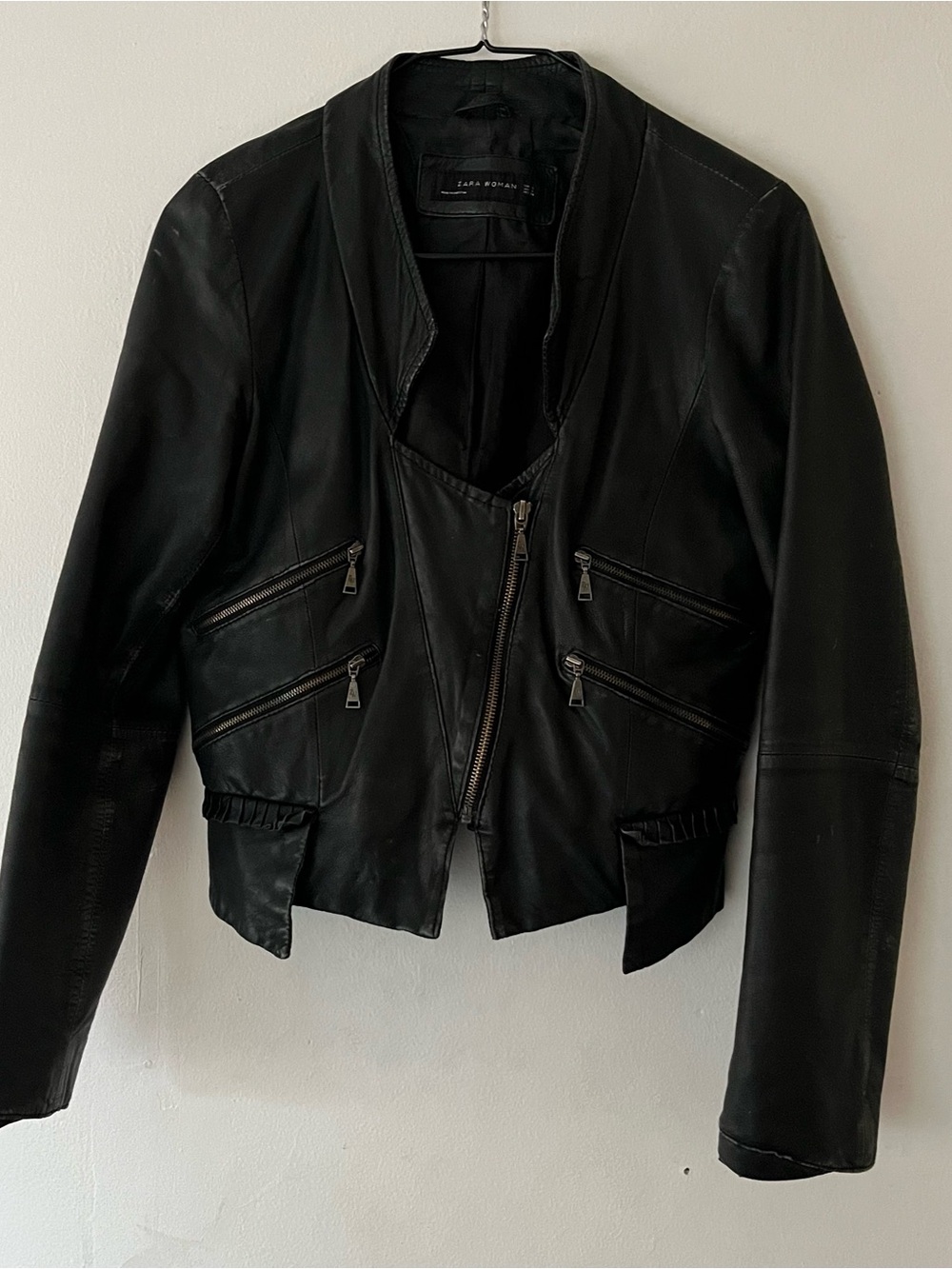 Zara Black Leather Zip Pocket Jacket